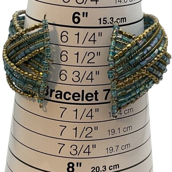 Beaded Cuff Bracelet 6.5" With Blue & Gold Sea Beads - Picture 3 of 7